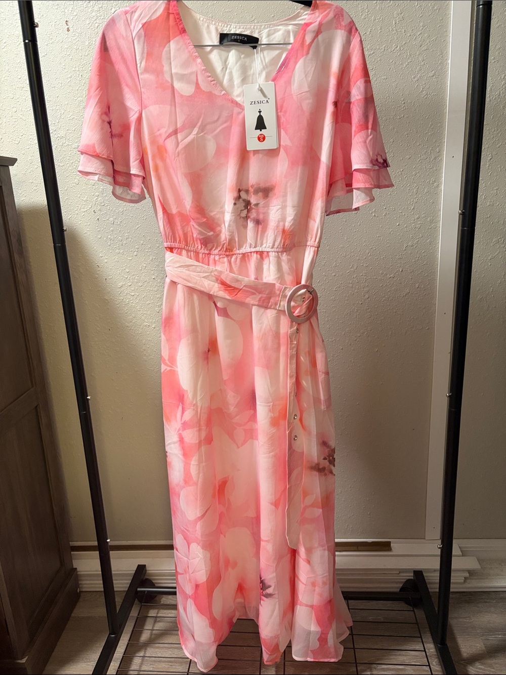 Zesica Pink Floral Belted Maxi Dress